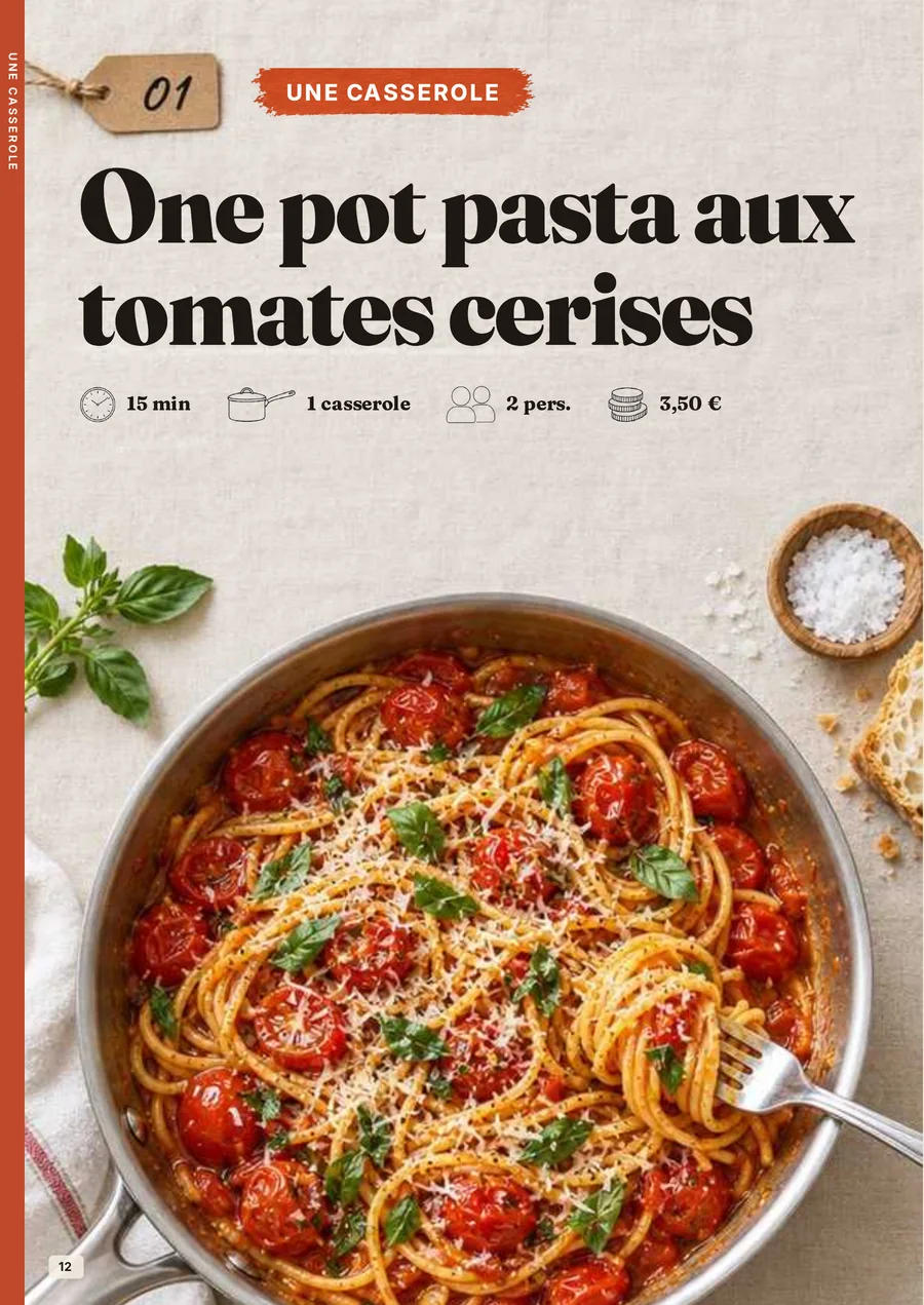 Recto de la fiche : la photo du one pot pasta aux tomates cerises, le temps, l'ustensile et le prix